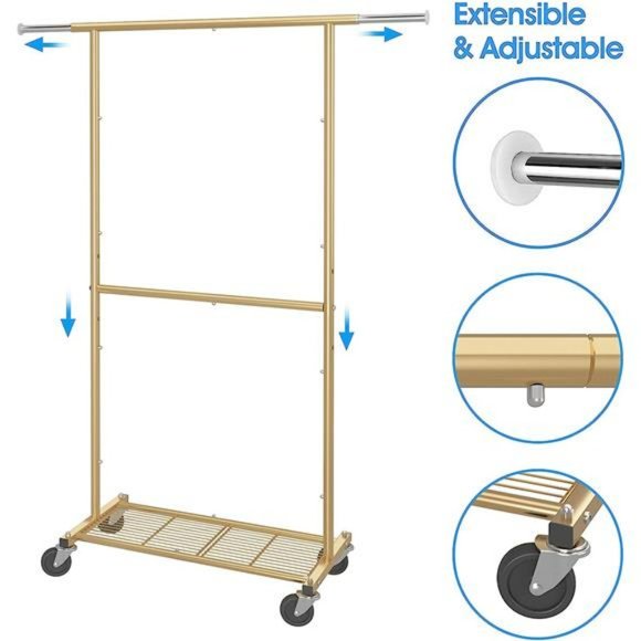 Standard Clothing Garment Rack with Wheels, Extendable, Golden Yellow - Picture 4 of 7